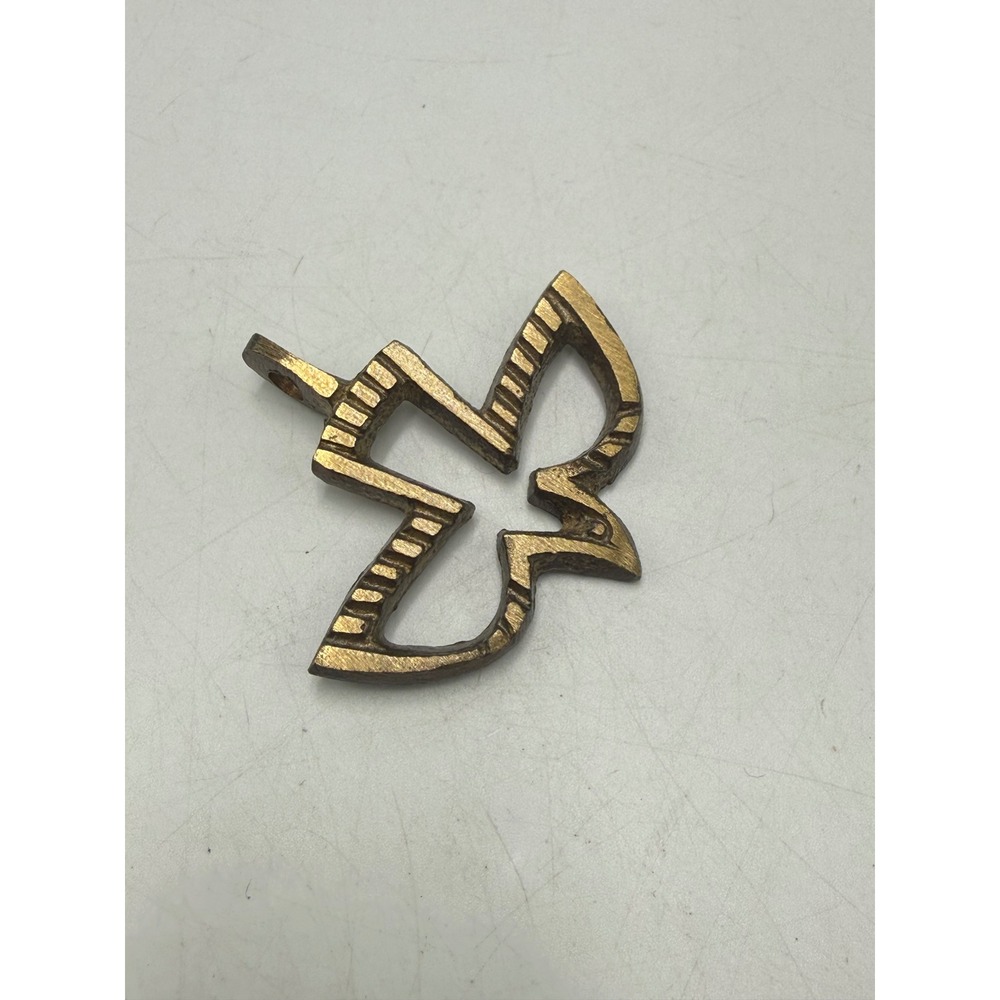 Vintage Brutalist Brass Tone Dove Cross Pendant Bird Charm Mid Century Modern